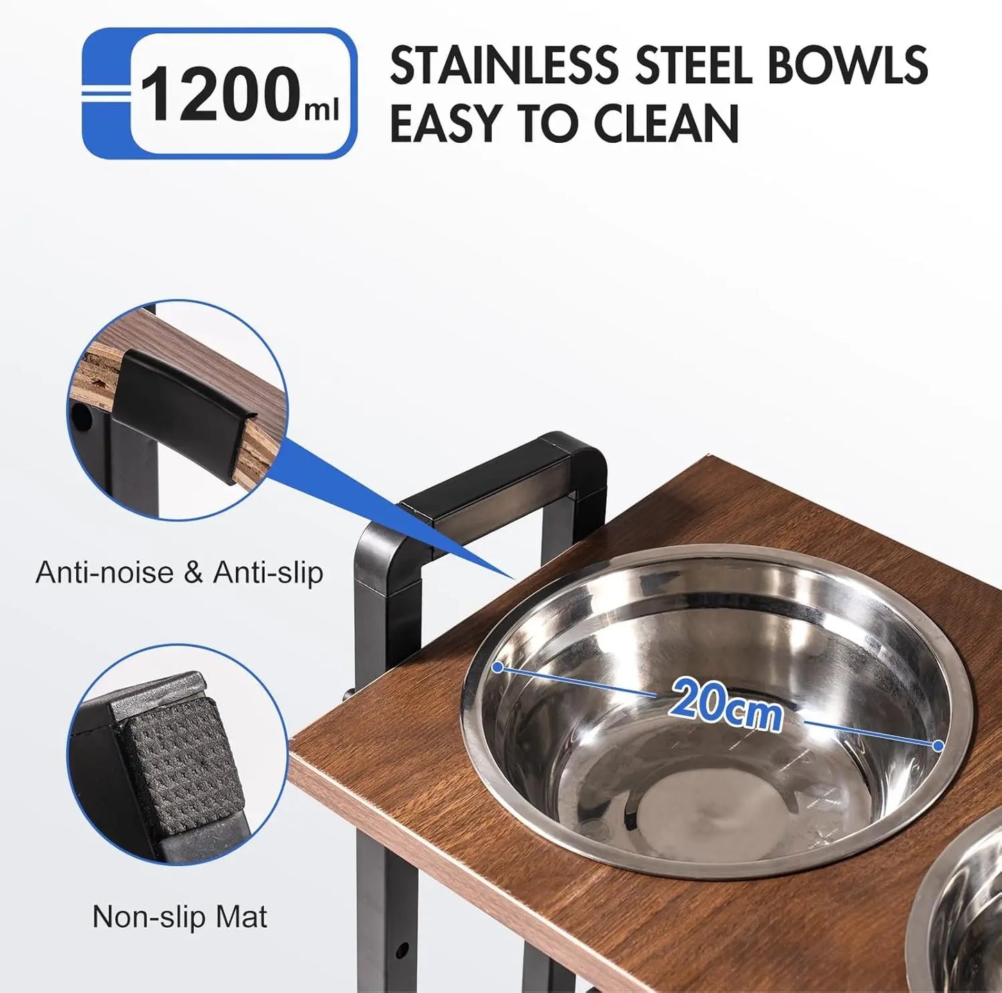 FurWish™ Height-Adjustable Raised Dog Bowl – Sturdy Wooden Stand with Dual 1200ml Stainless Steel Bowls