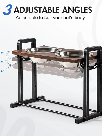 FurWish™ Height-Adjustable Raised Dog Bowl – Sturdy Wooden Stand with Dual 1200ml Stainless Steel Bowls
