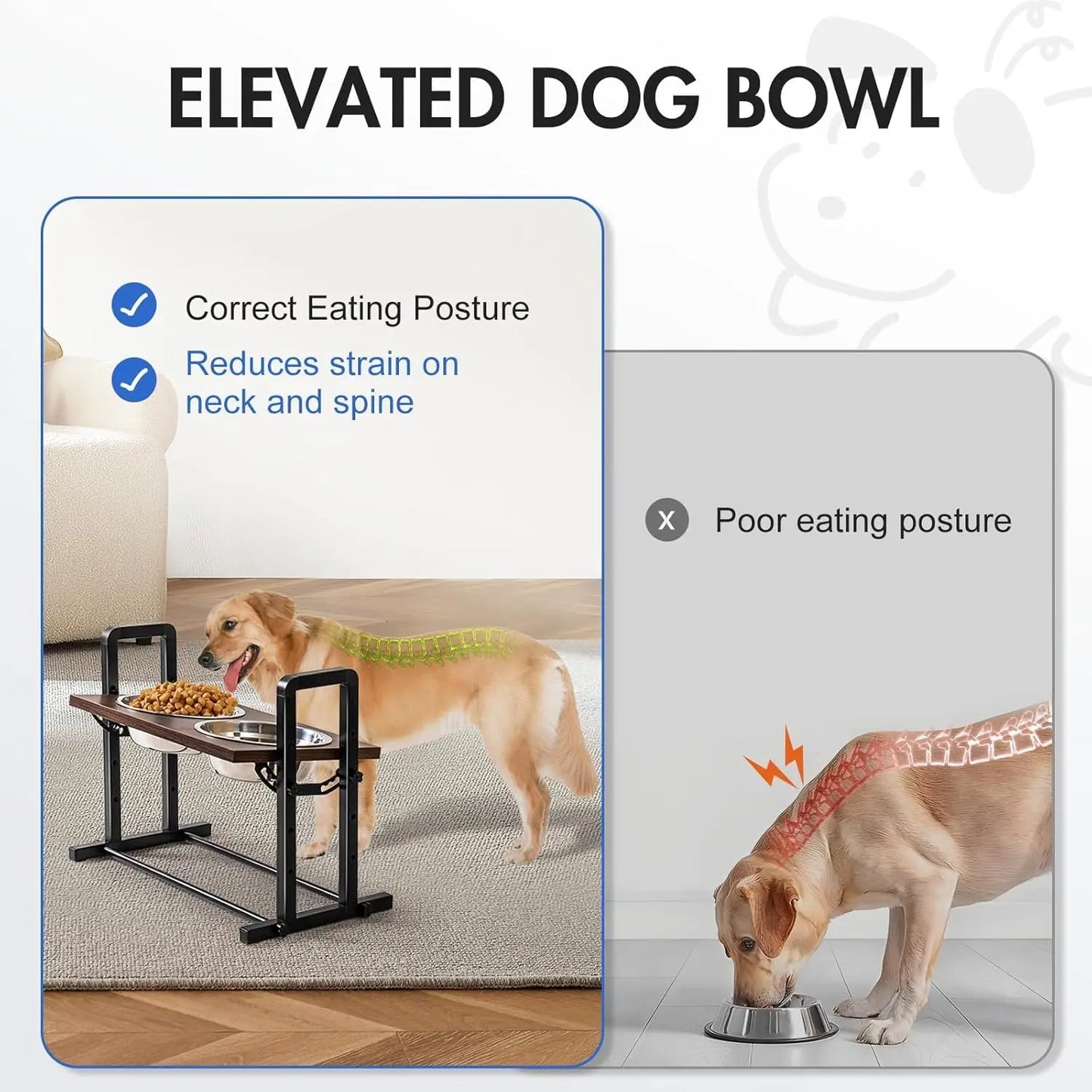 FurWish™ Height-Adjustable Raised Dog Bowl – Sturdy Wooden Stand with Dual 1200ml Stainless Steel Bowls