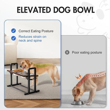 FurWish™ Height-Adjustable Raised Dog Bowl – Sturdy Wooden Stand with Dual 1200ml Stainless Steel Bowls