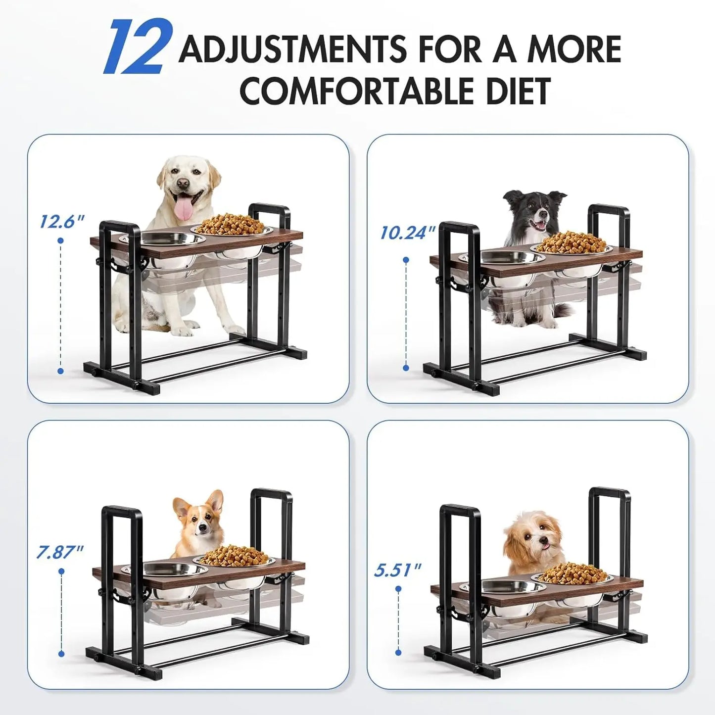 FurWish™ Height-Adjustable Raised Dog Bowl – Sturdy Wooden Stand with Dual 1200ml Stainless Steel Bowls