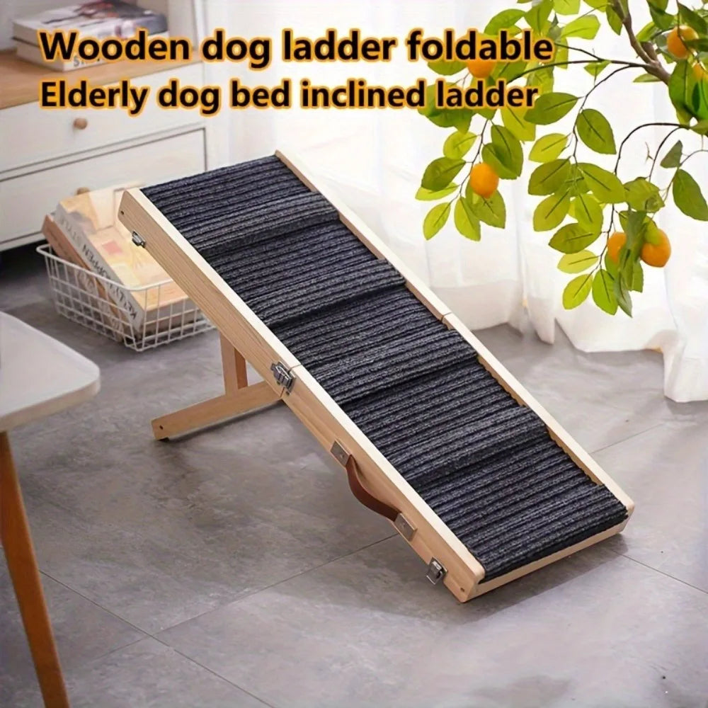 Adjustable wooden dog ladder for medium and small dogs - Folding senior dog bed ramp with non-slip patterned surface - Durable l