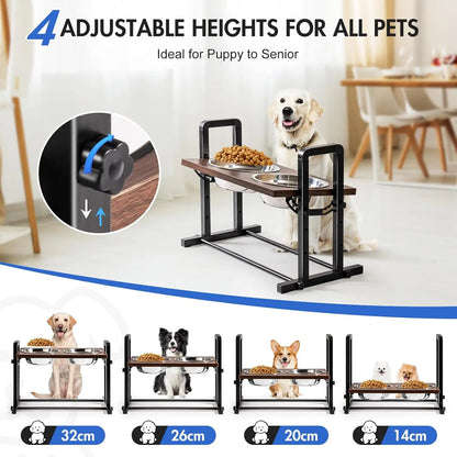 FurWish™ Height-Adjustable Raised Dog Bowl – Sturdy Wooden Stand with Dual 1200ml Stainless Steel Bowls